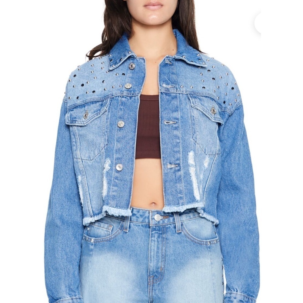 Forever 21 Premium Studded Cropped Denim Jacket Womens Large L Distressed Y2K